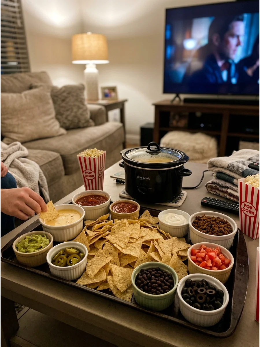 A loaded nacho board with various dipping bowls on a living room rug.