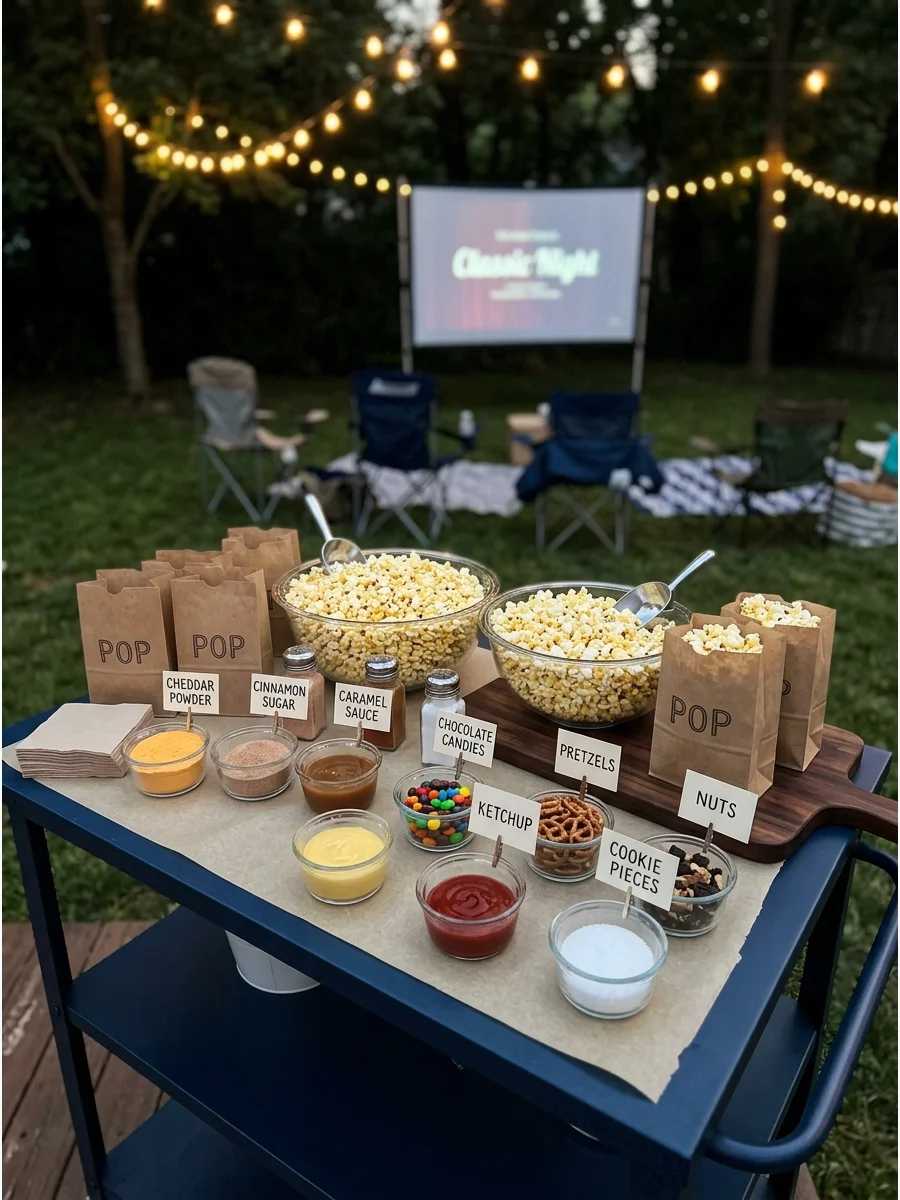 A DIY popcorn bar with different toppings and seasonings on an outdoor table.
