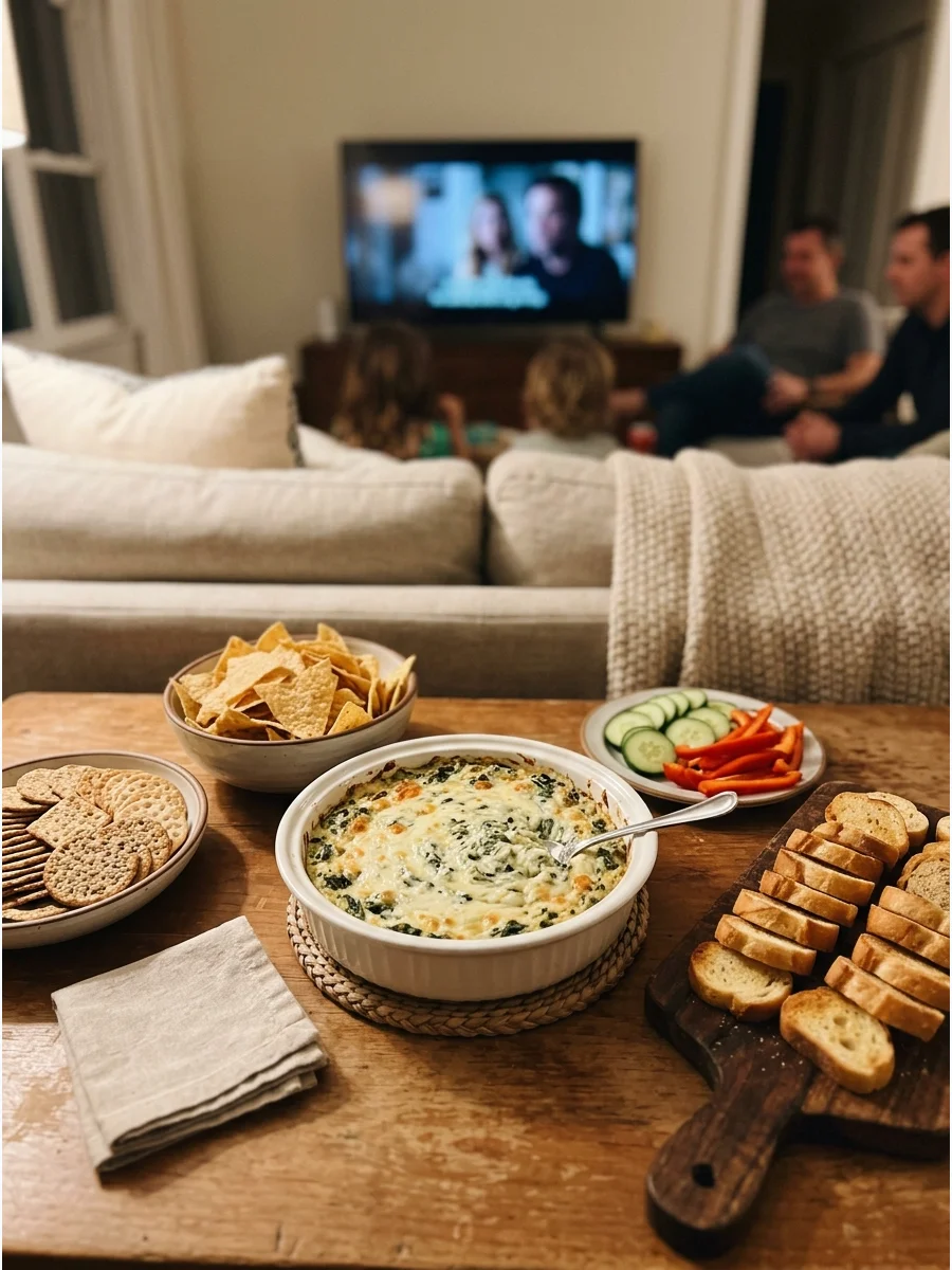 A warm bowl of spinach artichoke dip served with toasted bread.