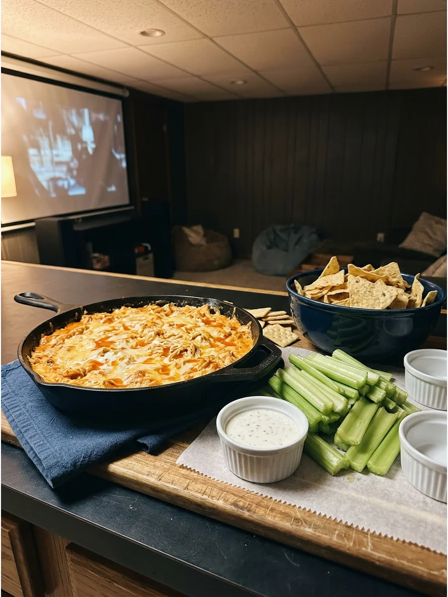 Spicy buffalo chicken dip in a skillet with celery and chips.