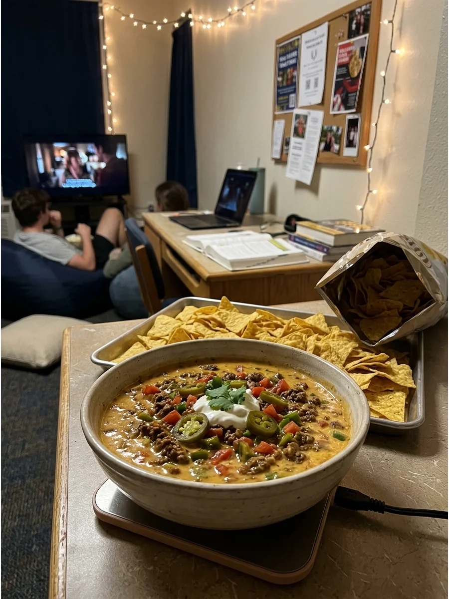 A bowl of warm loaded queso dip with ground beef and tomatoes.