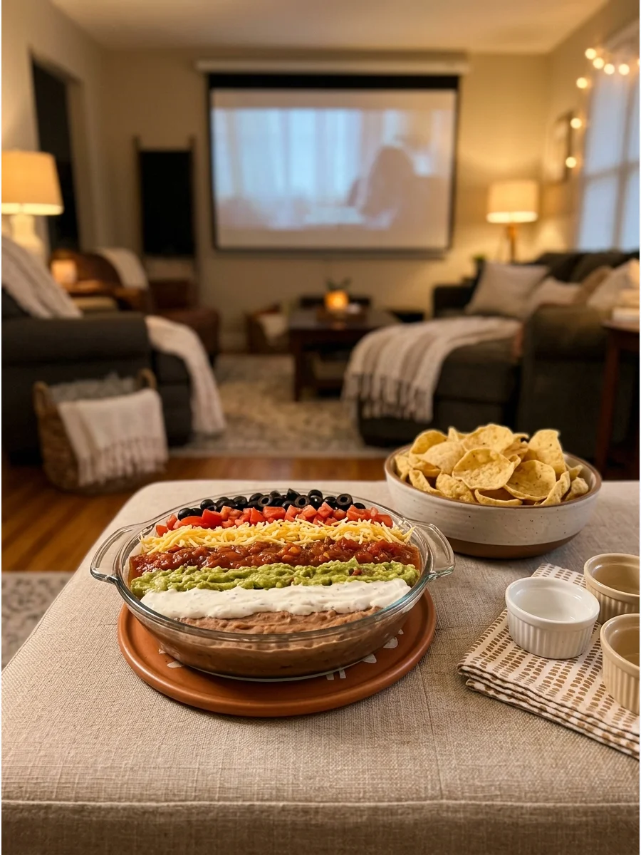 A seven-layer taco dip in a glass dish with tortilla chips.