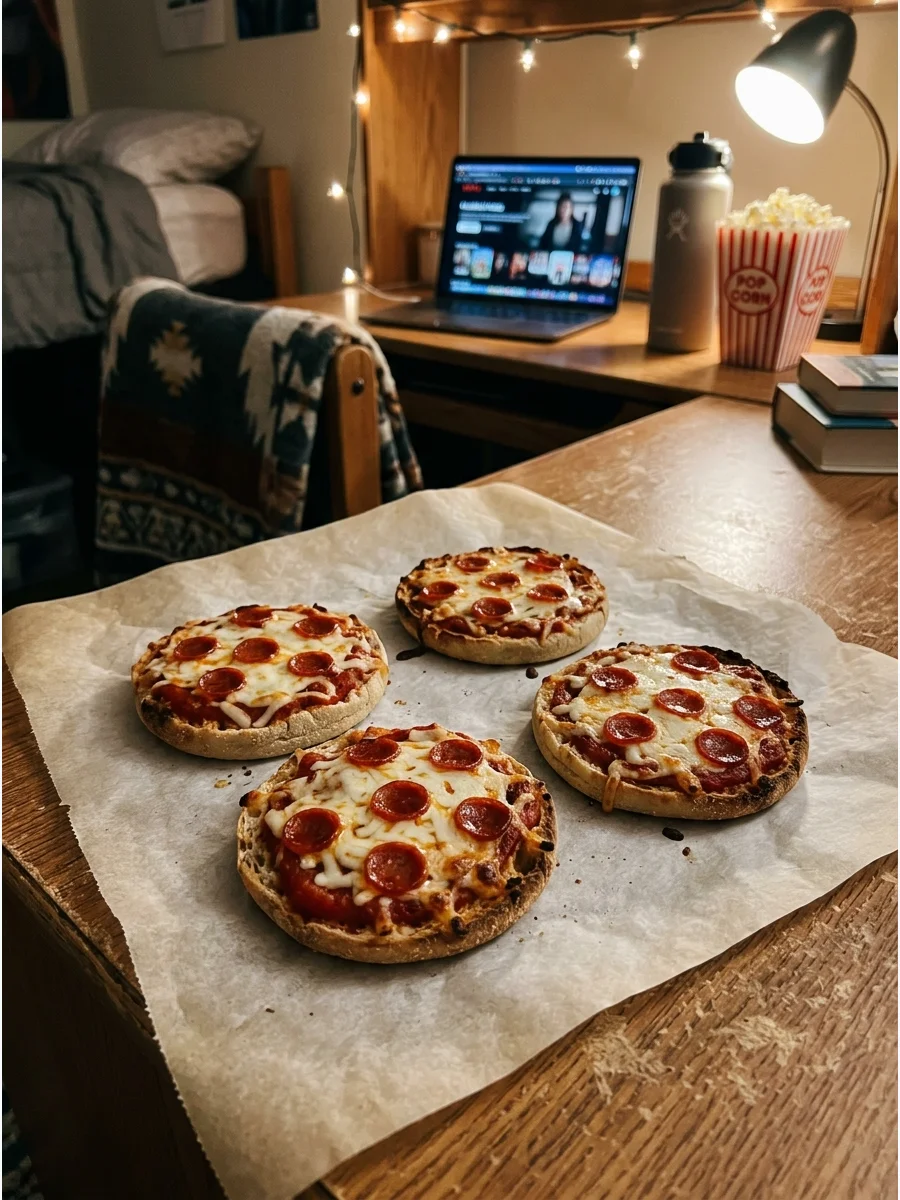 Small round pizzas with melted cheese and pepperoni on a wooden desk.