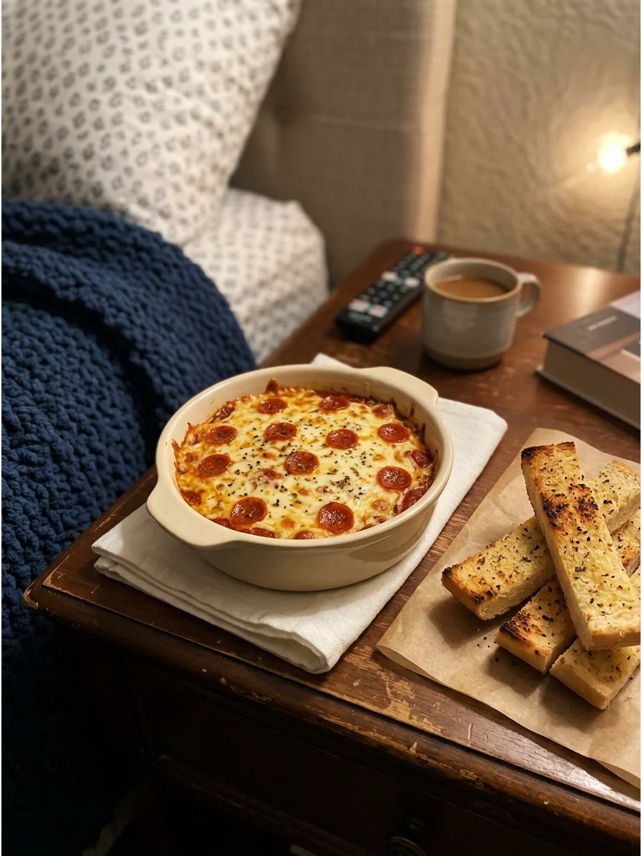 A baked pizza dip with melted cheese and pepperoni served with breadsticks.