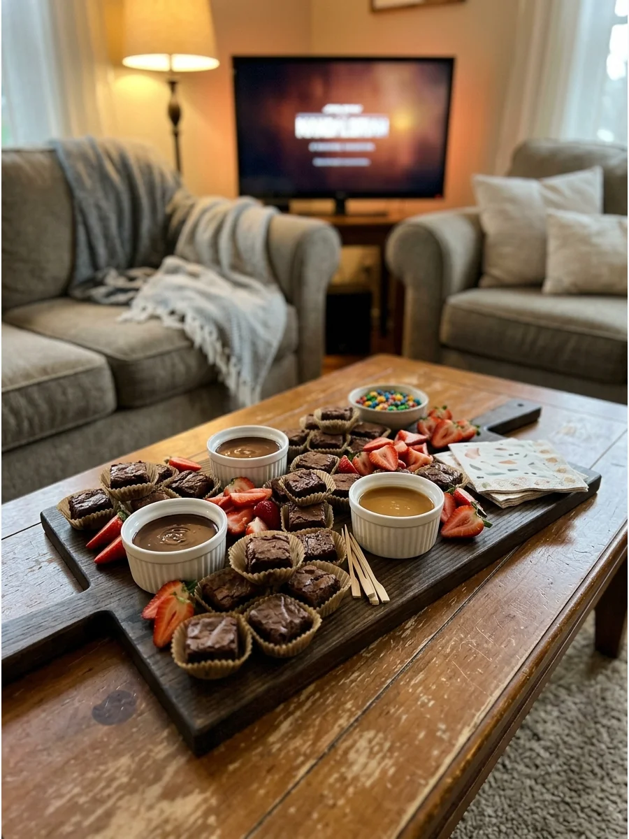 A wooden platter filled with mini brownies and fruit.