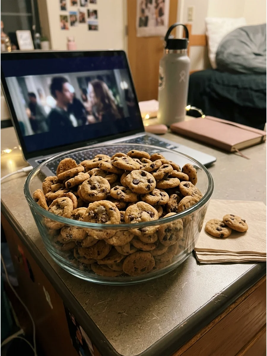 A glass bowl filled with many small chocolate chip cookies.