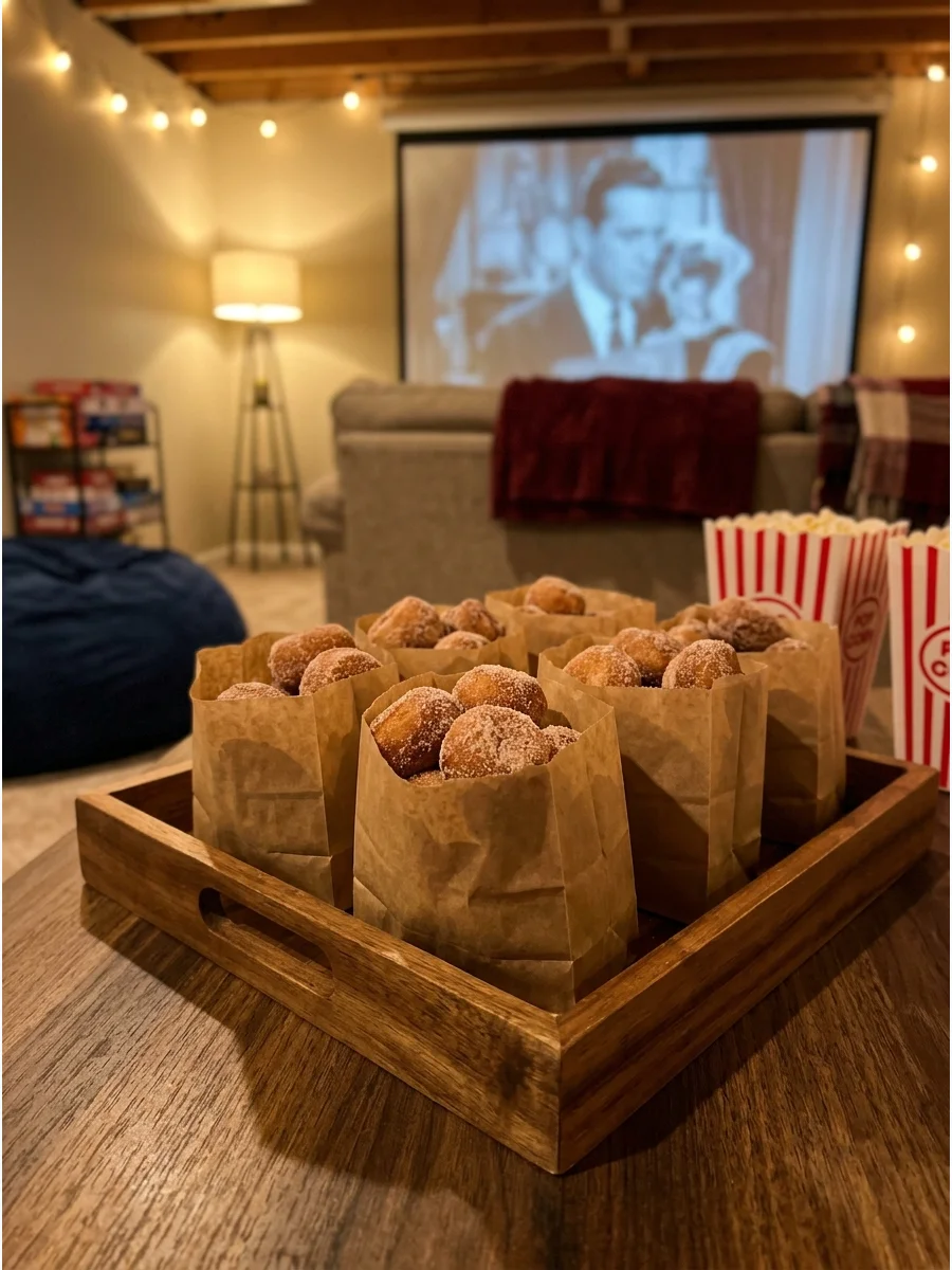 Small paper bags filled with cinnamon sugar donut holes.