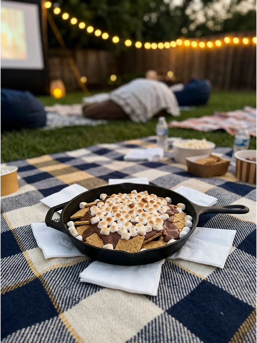 A pan of s'mores nachos with toasted marshmallows.