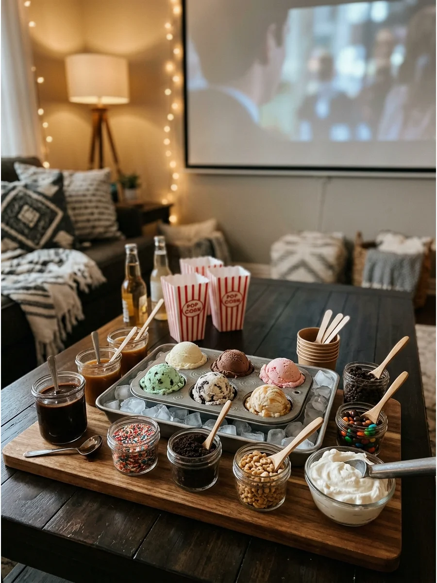 A DIY ice cream sundae station with various toppings.