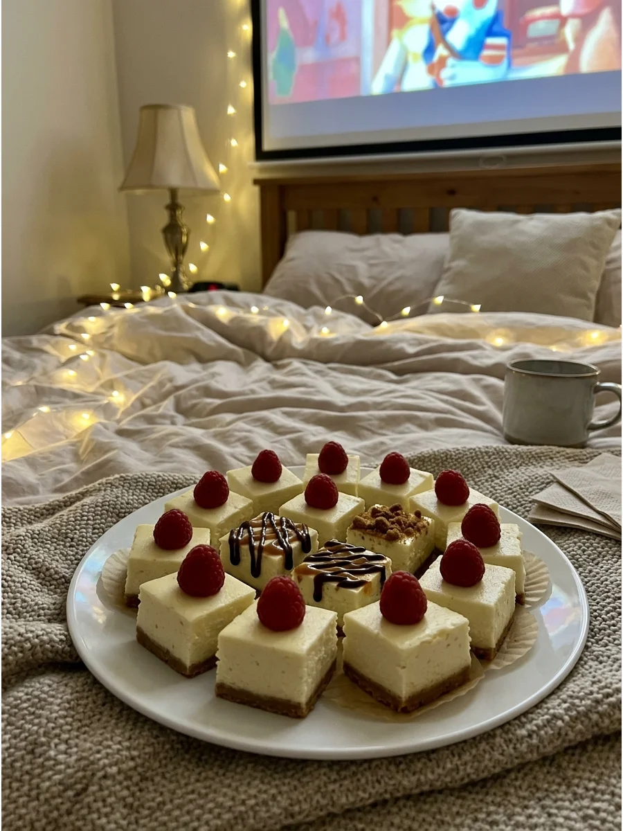 Small squares of cheesecake topped with fresh raspberries.