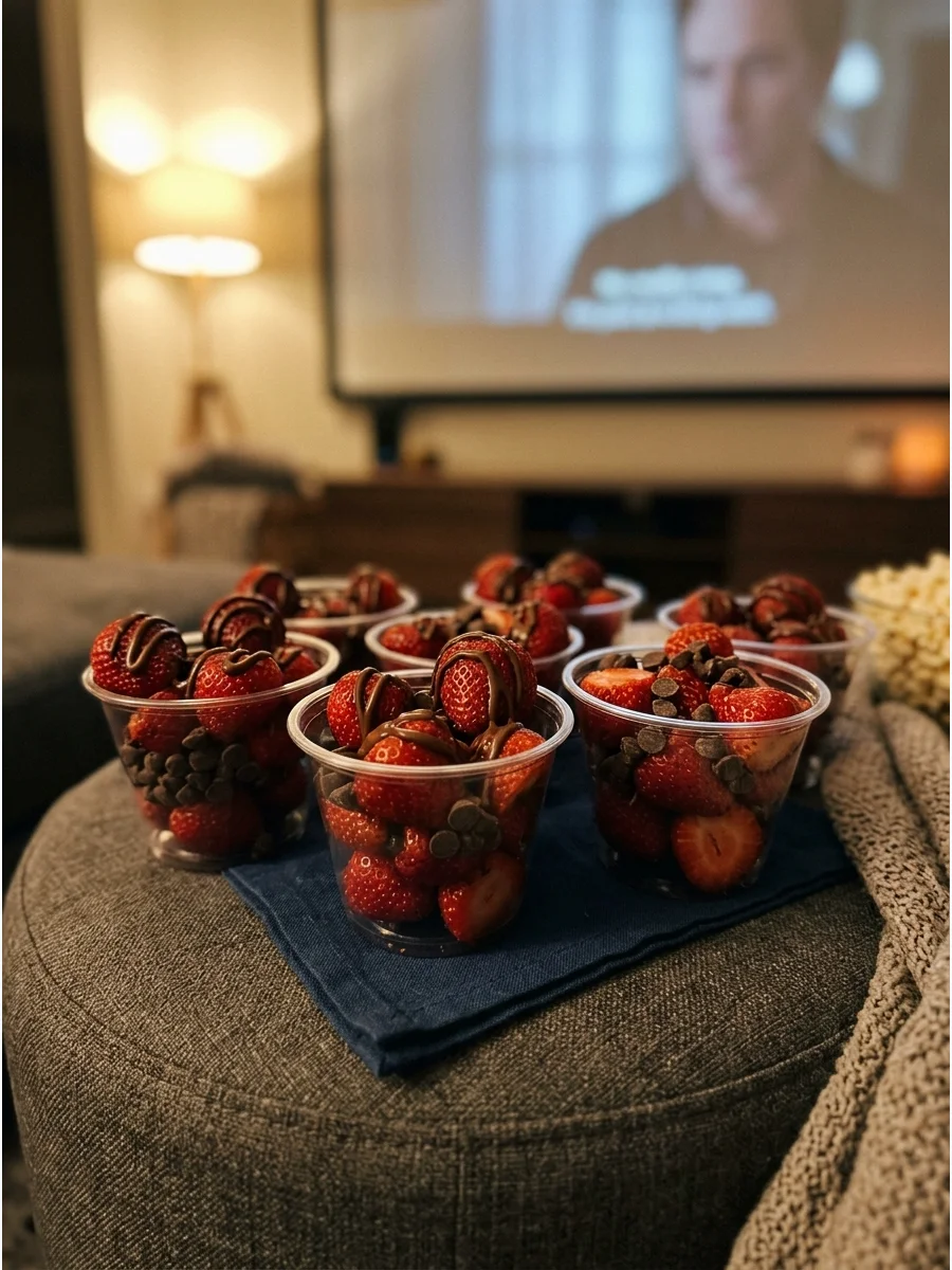 Clear cups filled with fresh strawberries and chocolate.