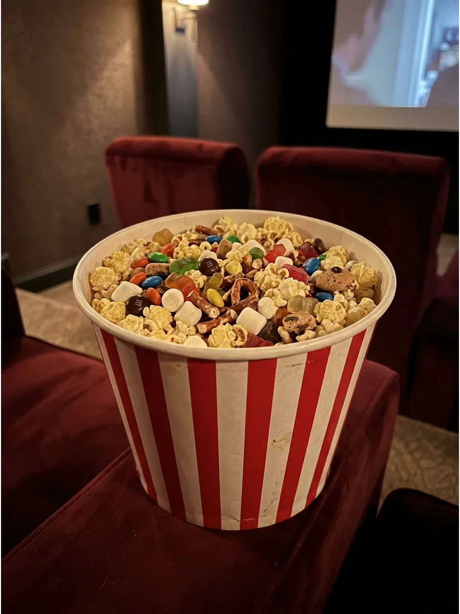 A popcorn bucket filled with popcorn and chocolate candies.