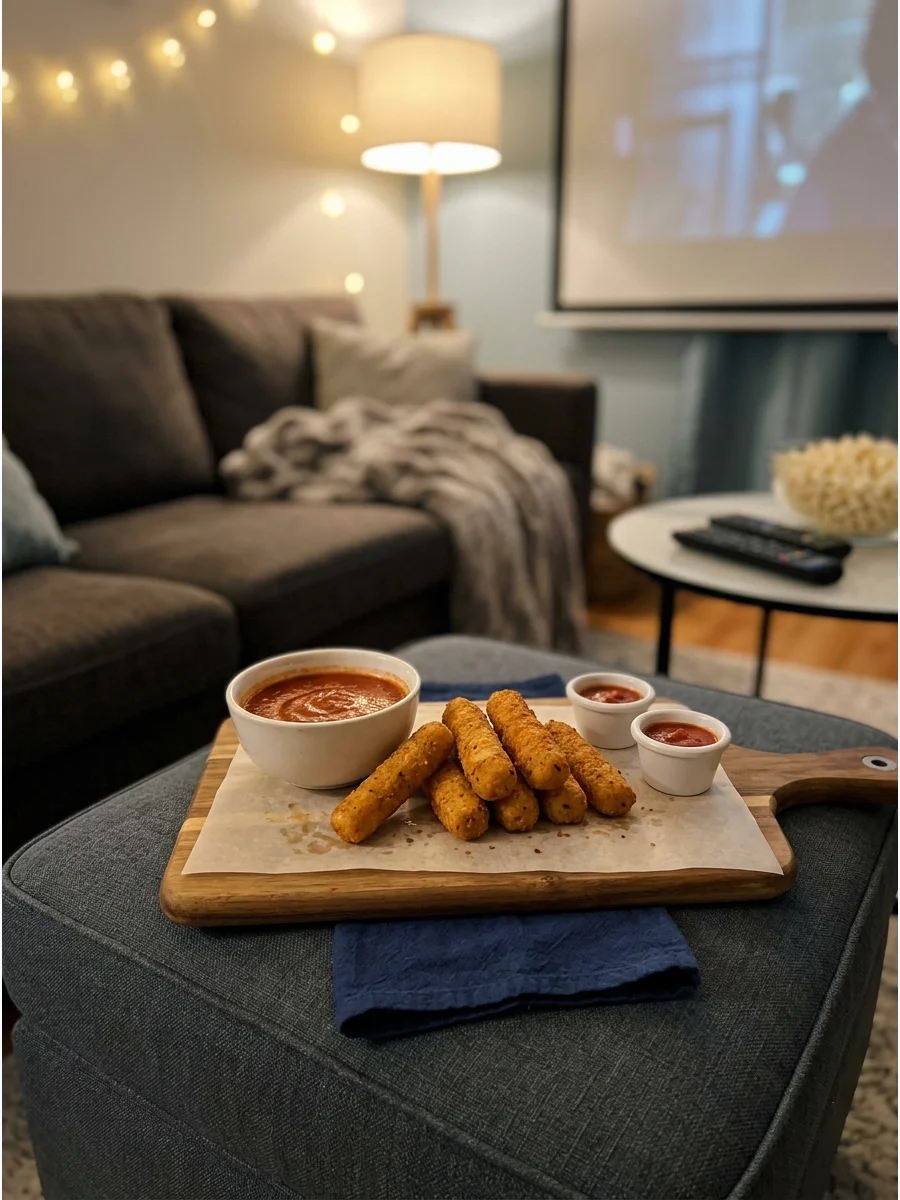 Crispy breaded cheese sticks served with a side of marinara sauce.