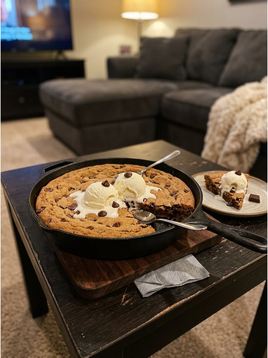 A warm skillet cookie topped with melting vanilla ice cream.