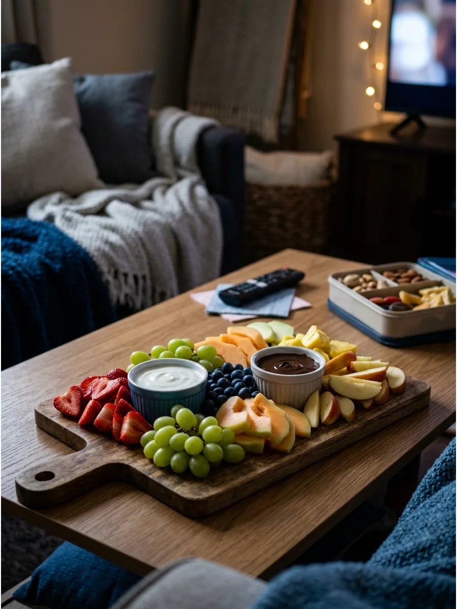 A colorful fruit platter with a yogurt dip bowl on a living room coffee table.
