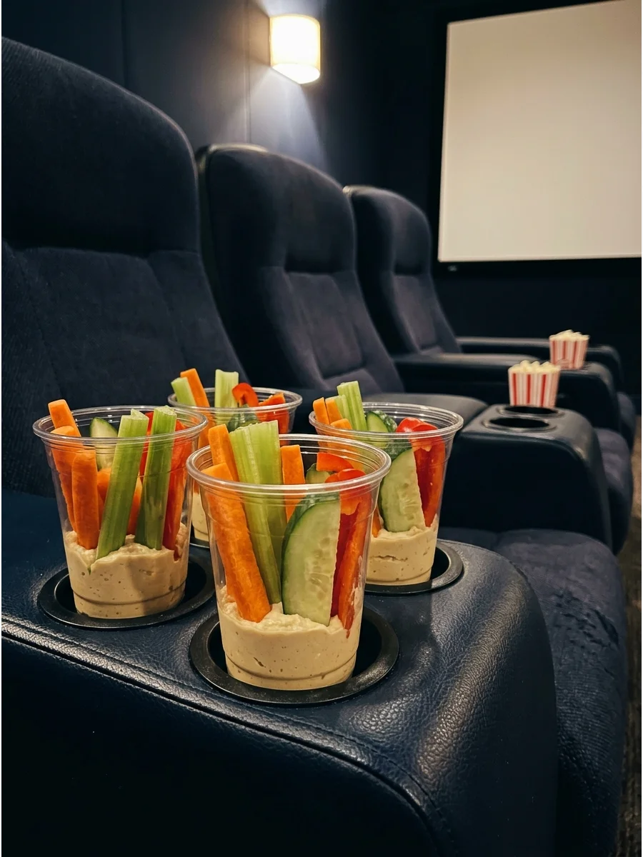 Individual veggie and hummus cups resting in theater seat cup holders.