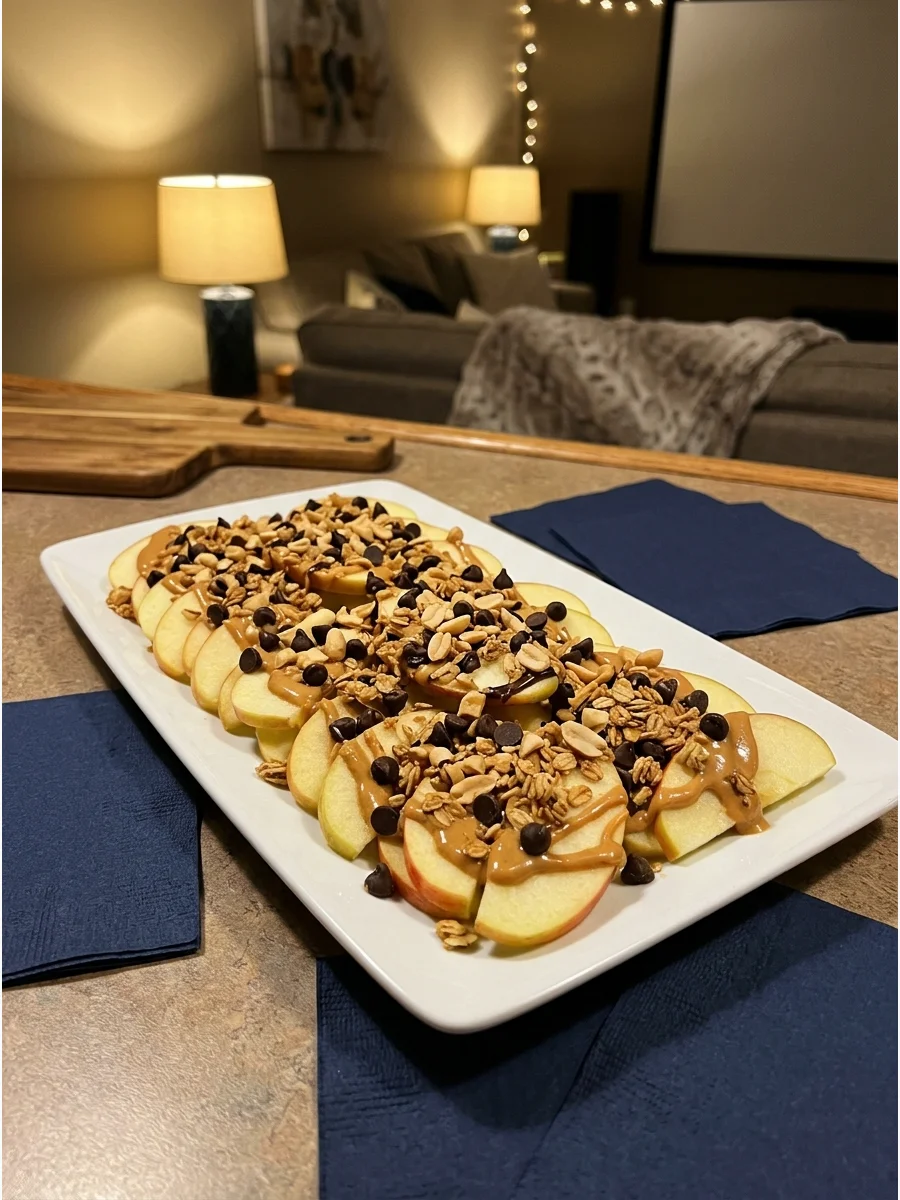 Apple slices topped with peanut butter and chocolate chips on a serving platter.