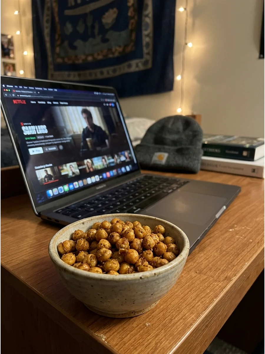 A bowl of seasoned roasted chickpeas on a dorm room desk.