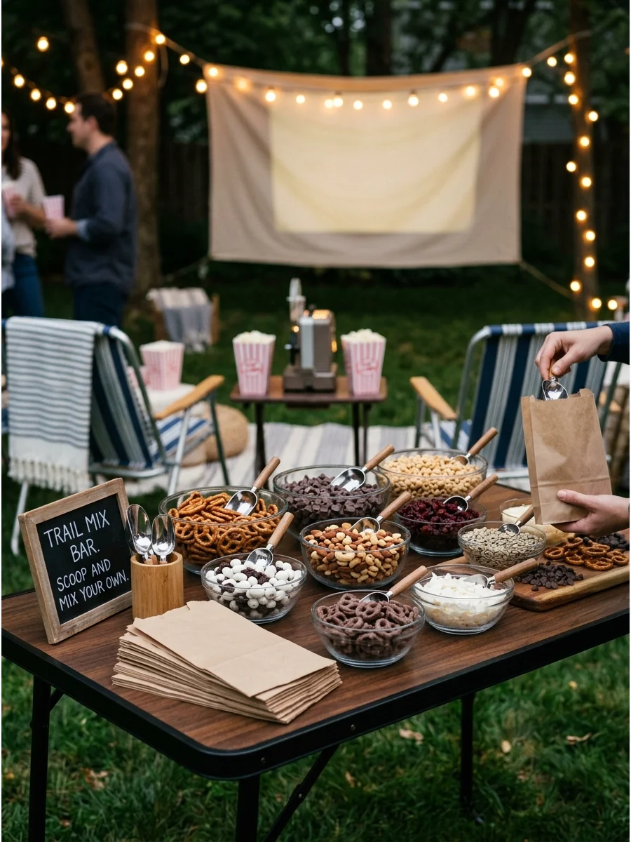 A DIY trail mix station with various toppings and paper bags on an outdoor table.