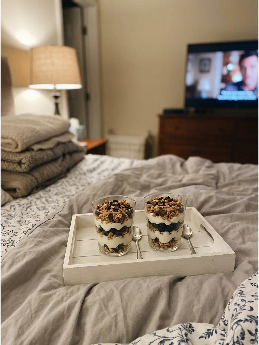 Layered yogurt parfaits in glass cups on a wooden tray in a bedroom.