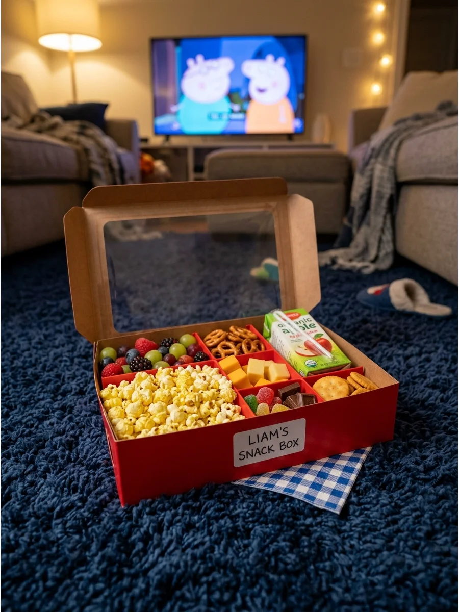 A divided cardboard snack box for kids filled with popcorn and fruit.