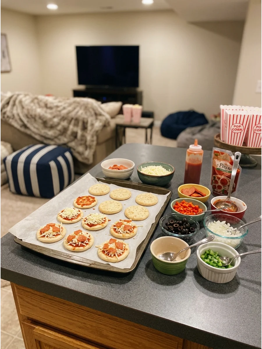 Mini pizzas on a baking sheet ready for serving at a movie night.