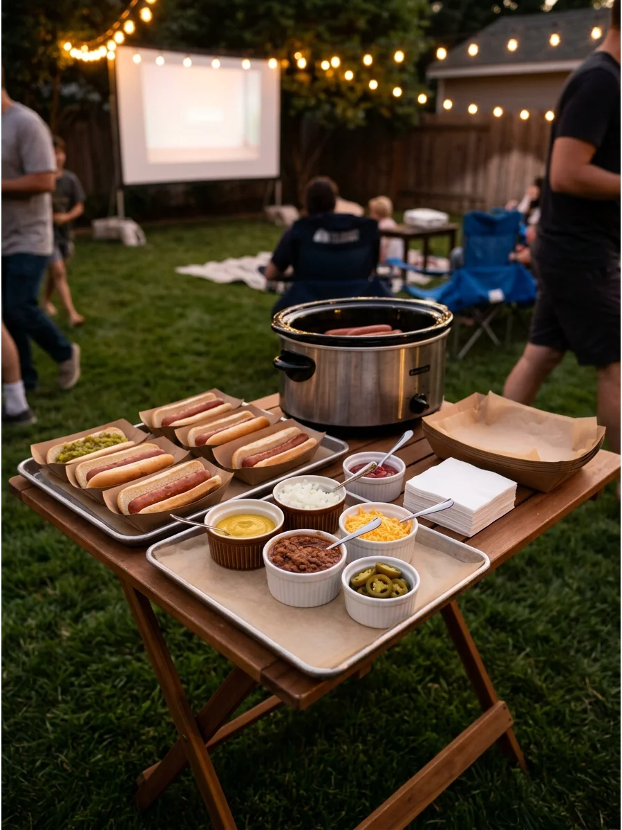 A hot dog topping station set up for an outdoor movie night.