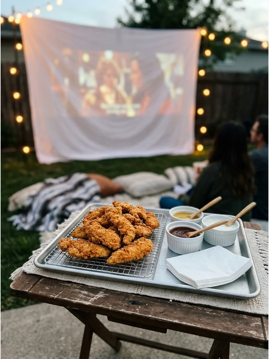 A tray of golden chicken tenders with small containers of dipping sauce.