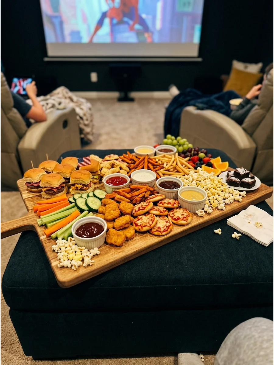 A large grazing board filled with dinner snacks like sliders and chicken bites.