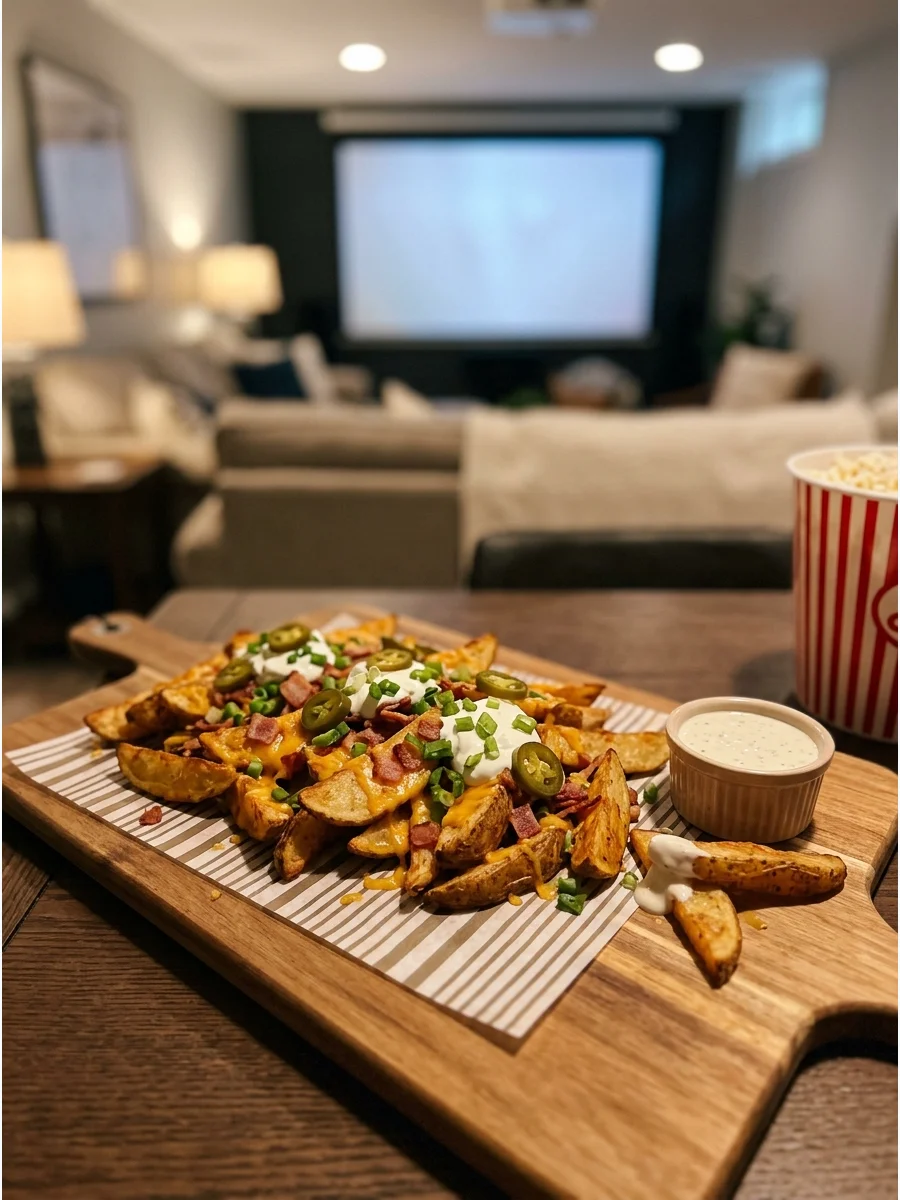 Thick potato wedges covered in melted cheddar and crispy bacon bits.