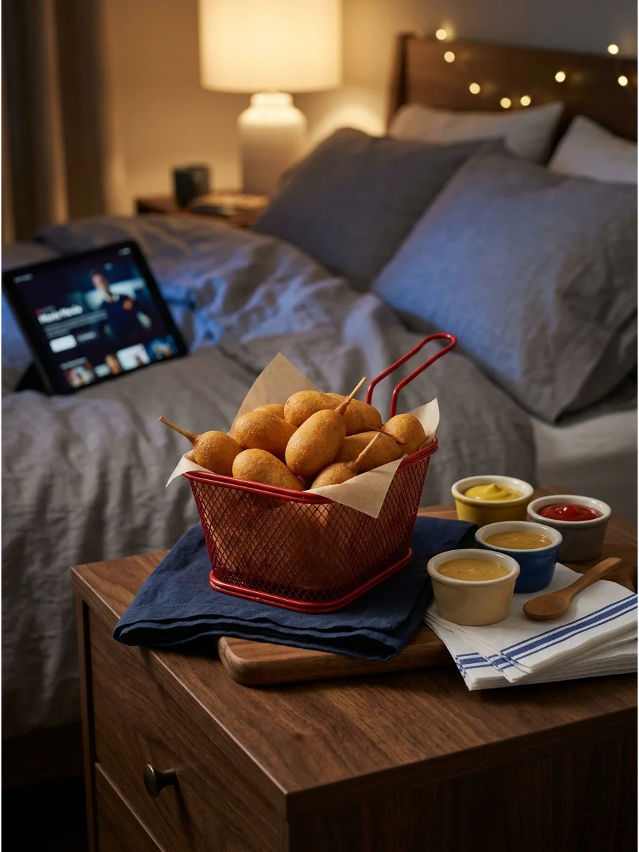 Bite-sized corn dogs served in a basket with a side of mustard.