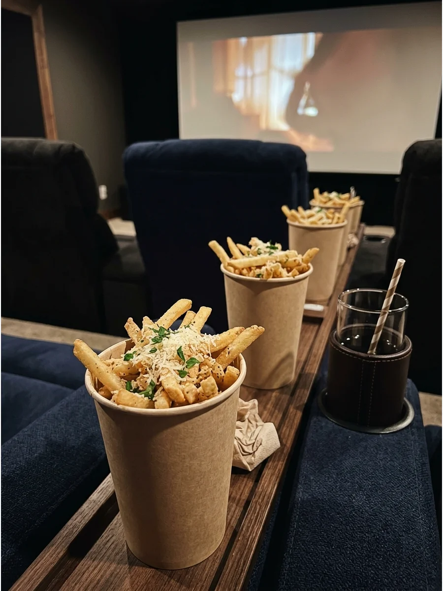 Crispy fries tossed with herbs and cheese inside a striped paper cup.