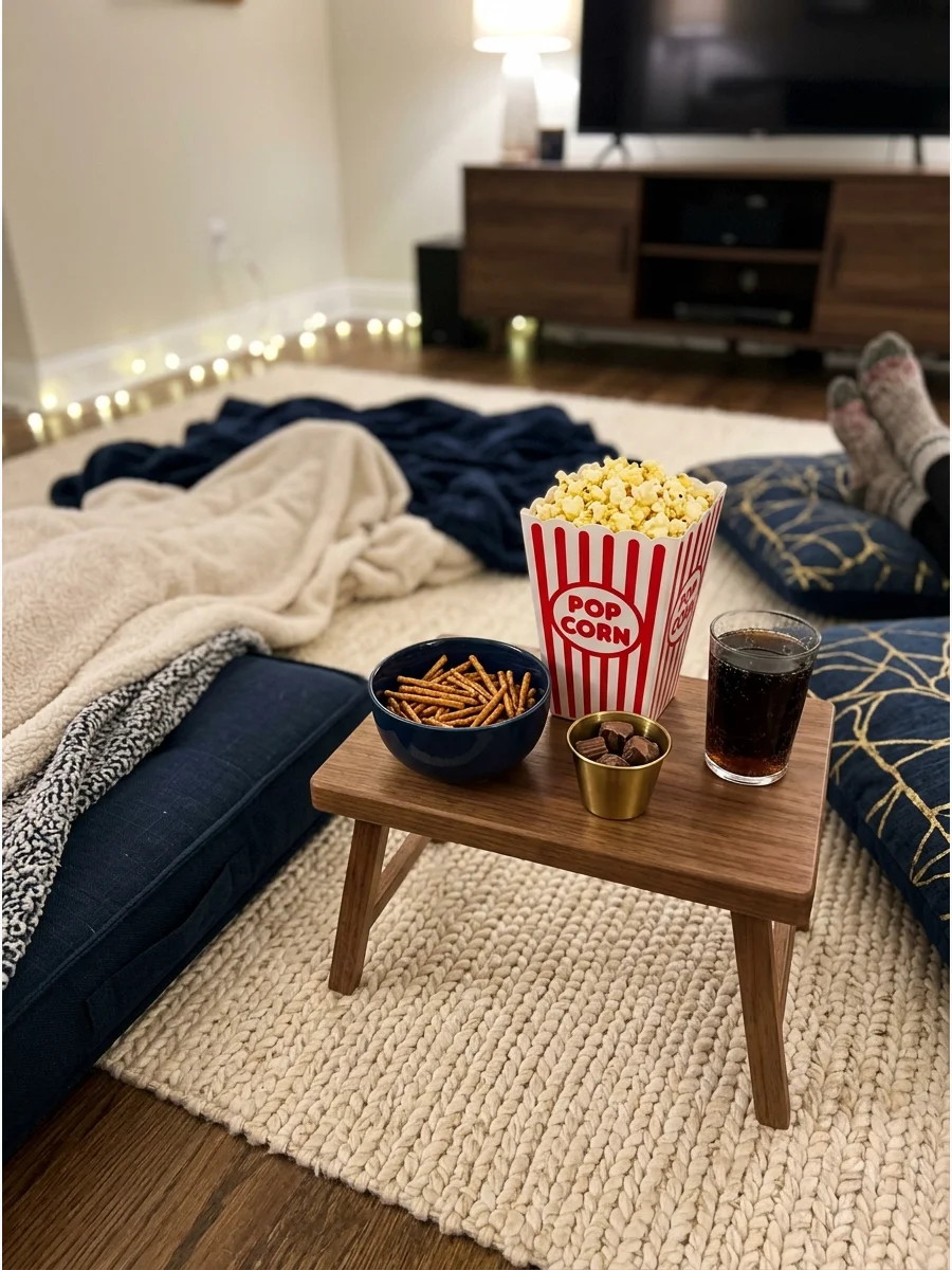 A cozy living room floor setup with plush cushions and snack trays for a movie night.
