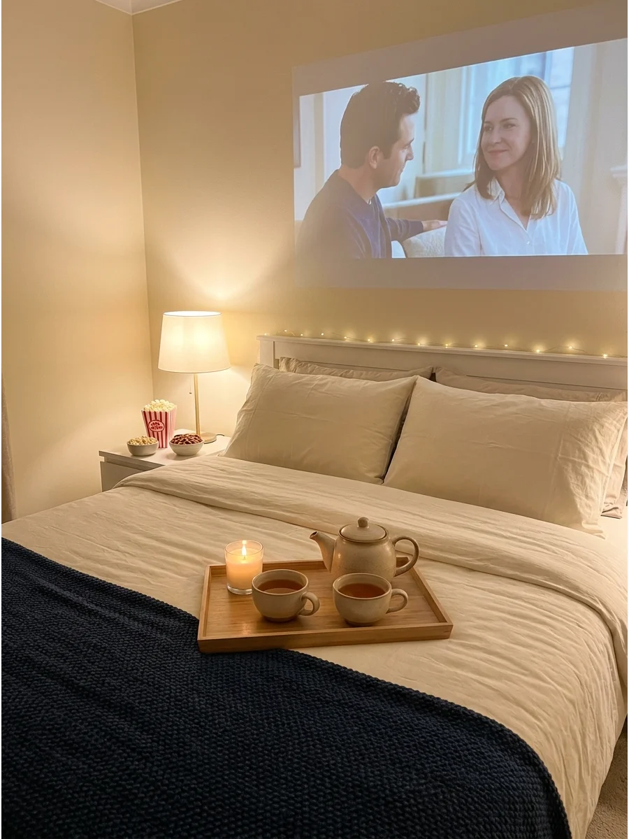 A calm movie night setup in a bedroom with tea and a scented candle.
