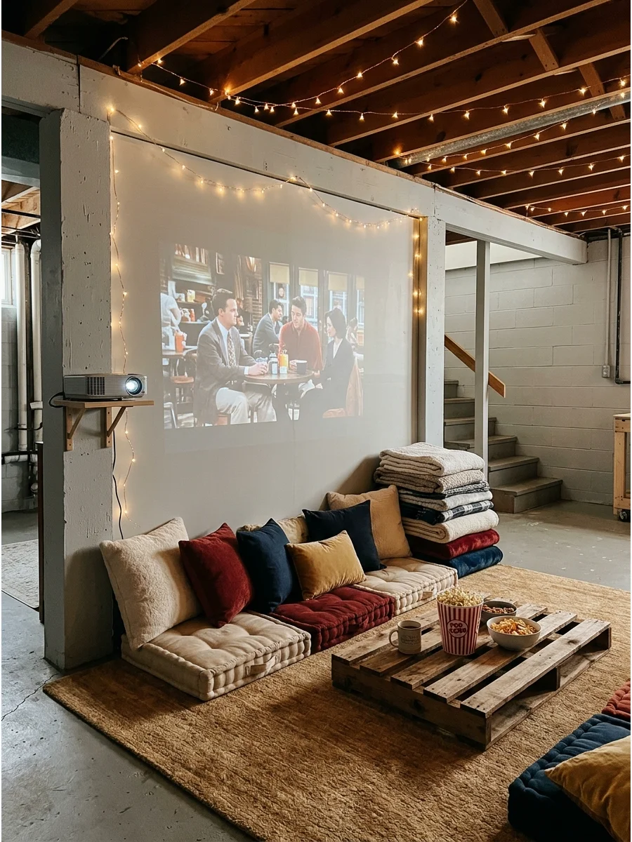 A movie projected onto a large white basement wall.
