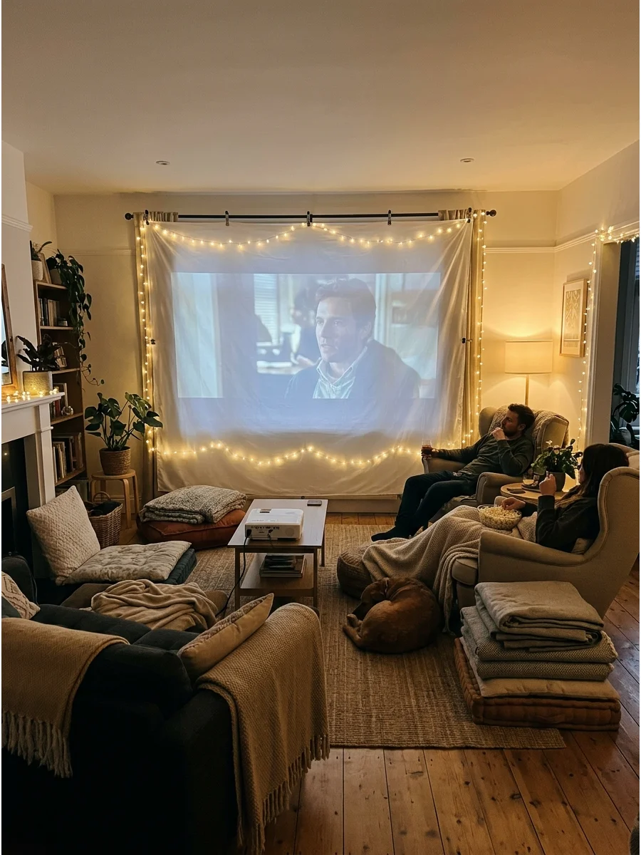 A white sheet used as a projector screen in a living room.