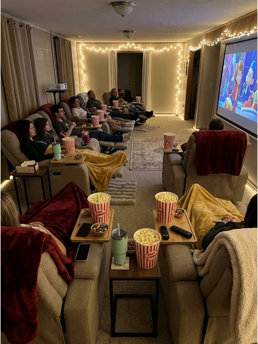 Rows of reclining chairs facing a large screen in a basement.