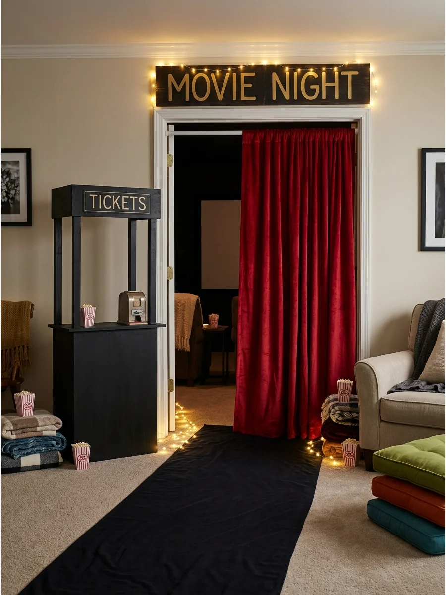 A red curtain hanging over a doorway with a movie sign.