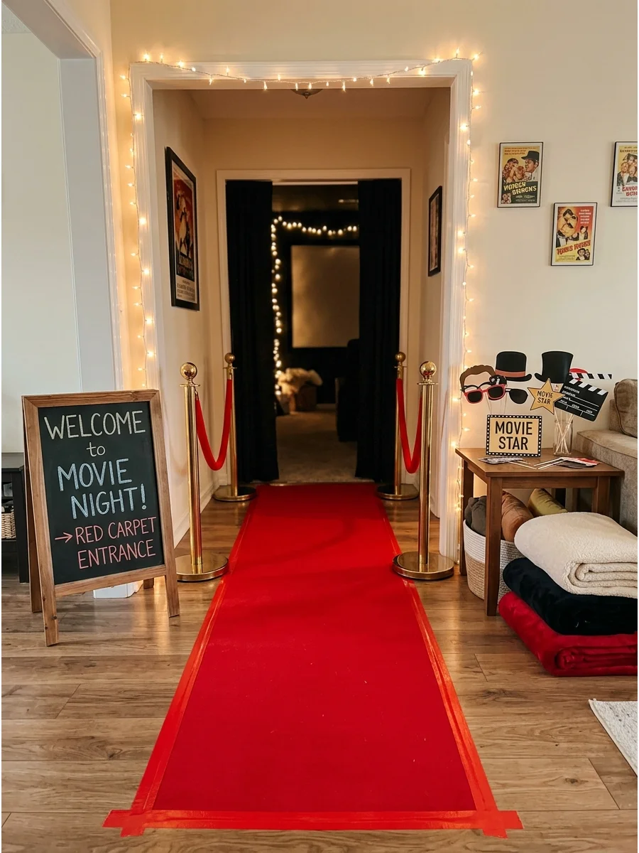 A red carpet runner leading into a home theater room.