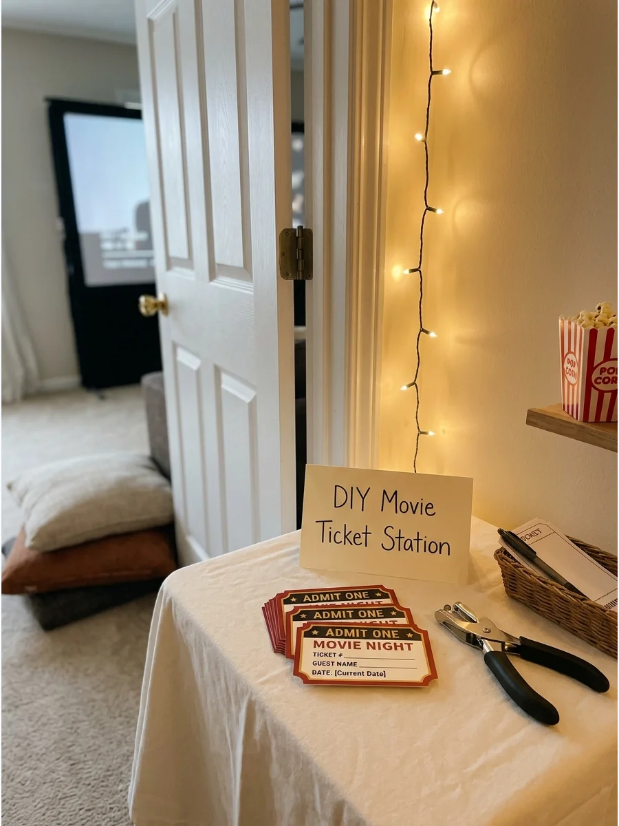 A small table with tickets and a hole puncher.