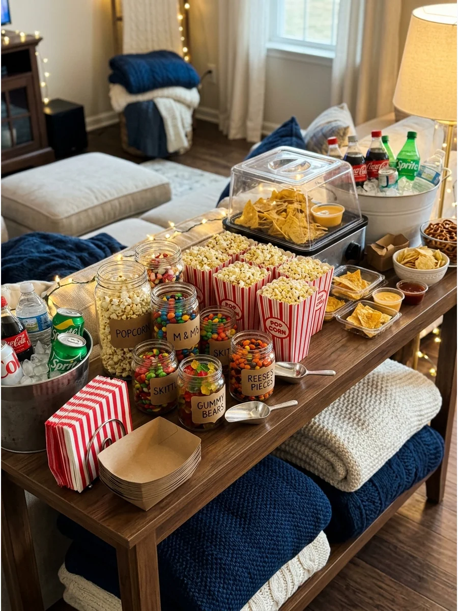A snack bar with popcorn and candy on a console table.