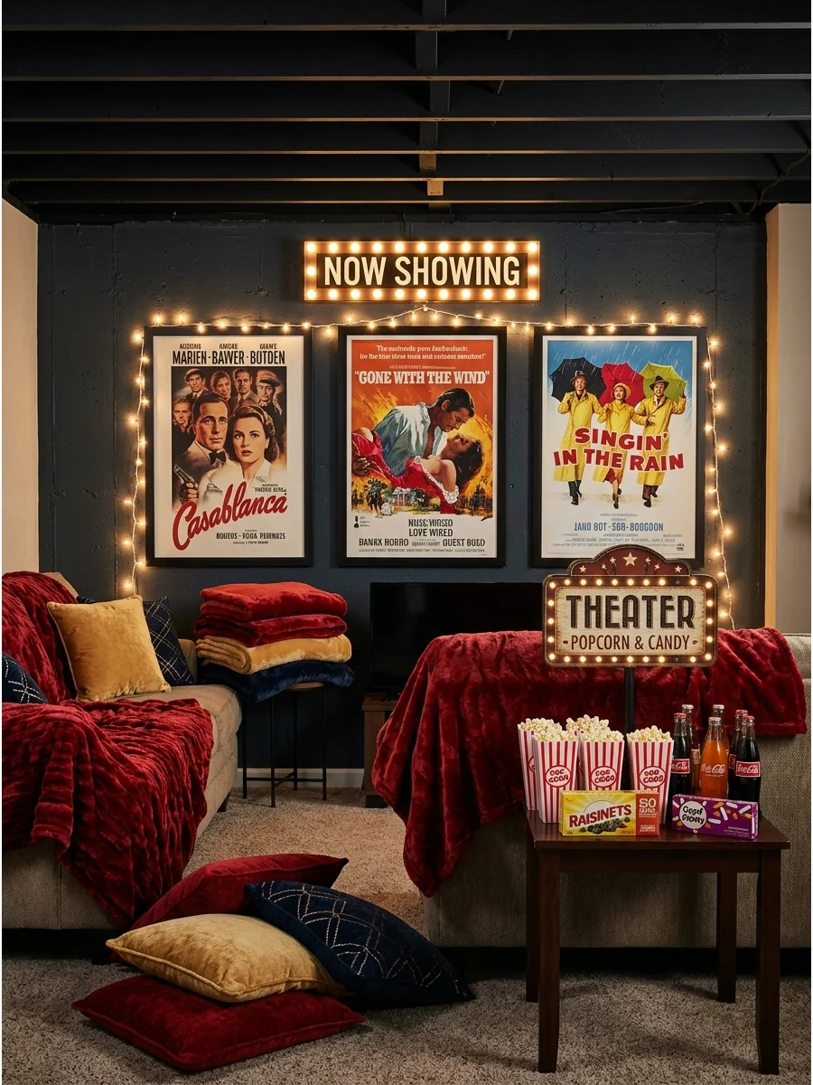 Vintage movie posters and marquee lights in a home theater.