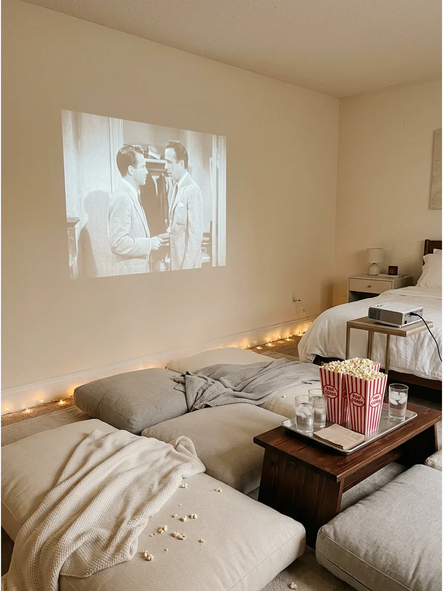 A bedroom with a projector and simple floor cushions.
