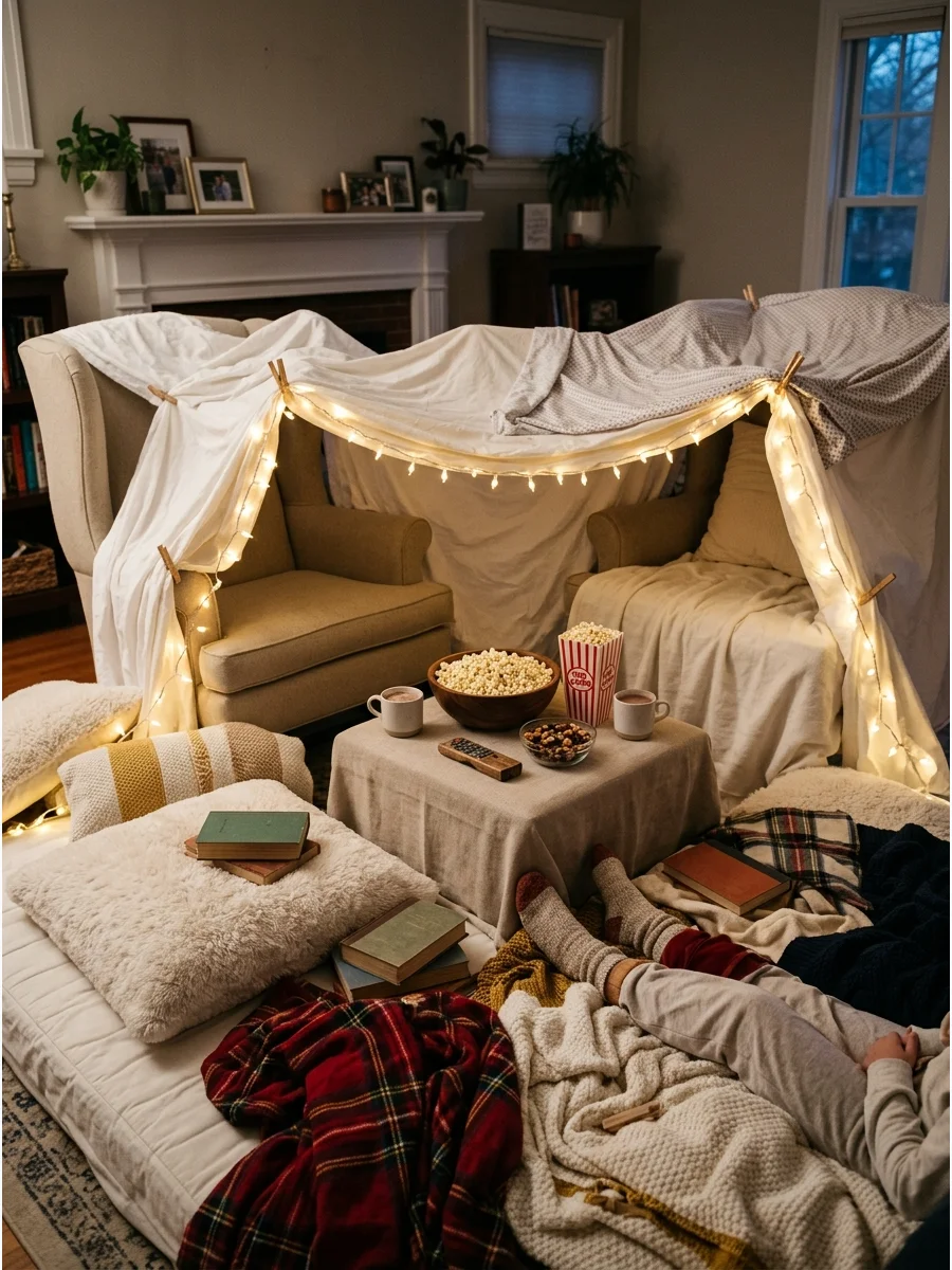 A large homemade pillow fort in a living room with soft lighting inside.