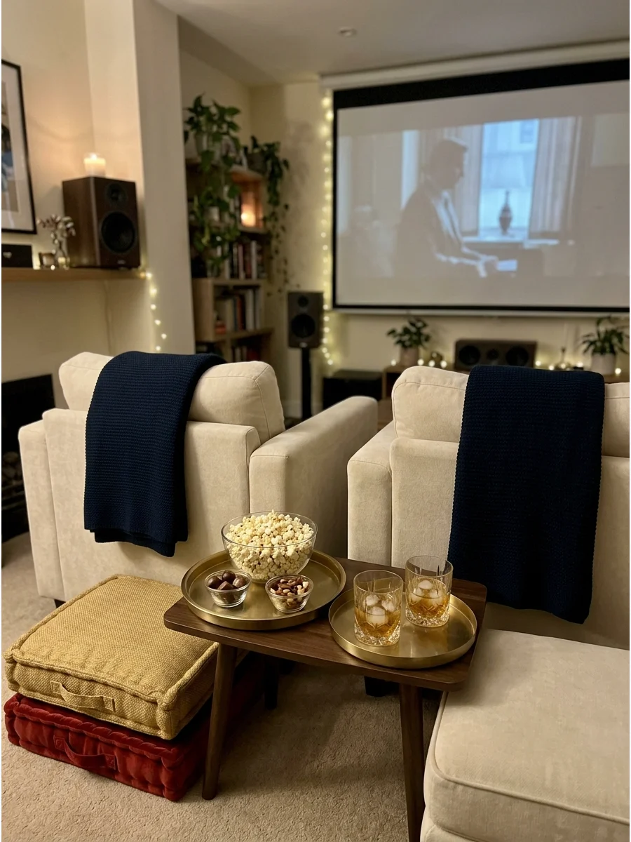 A luxury living room setup with plush chairs and gold trays.