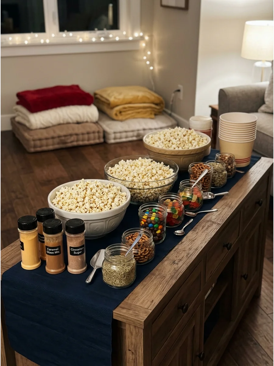 A popcorn bar with various toppings in jars on a living room table.