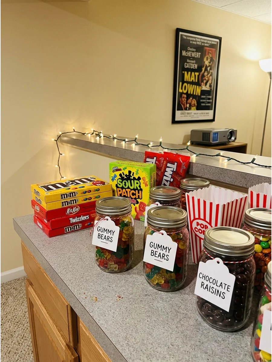 A candy bar setup with various sweets in glass jars on a basement counter.
