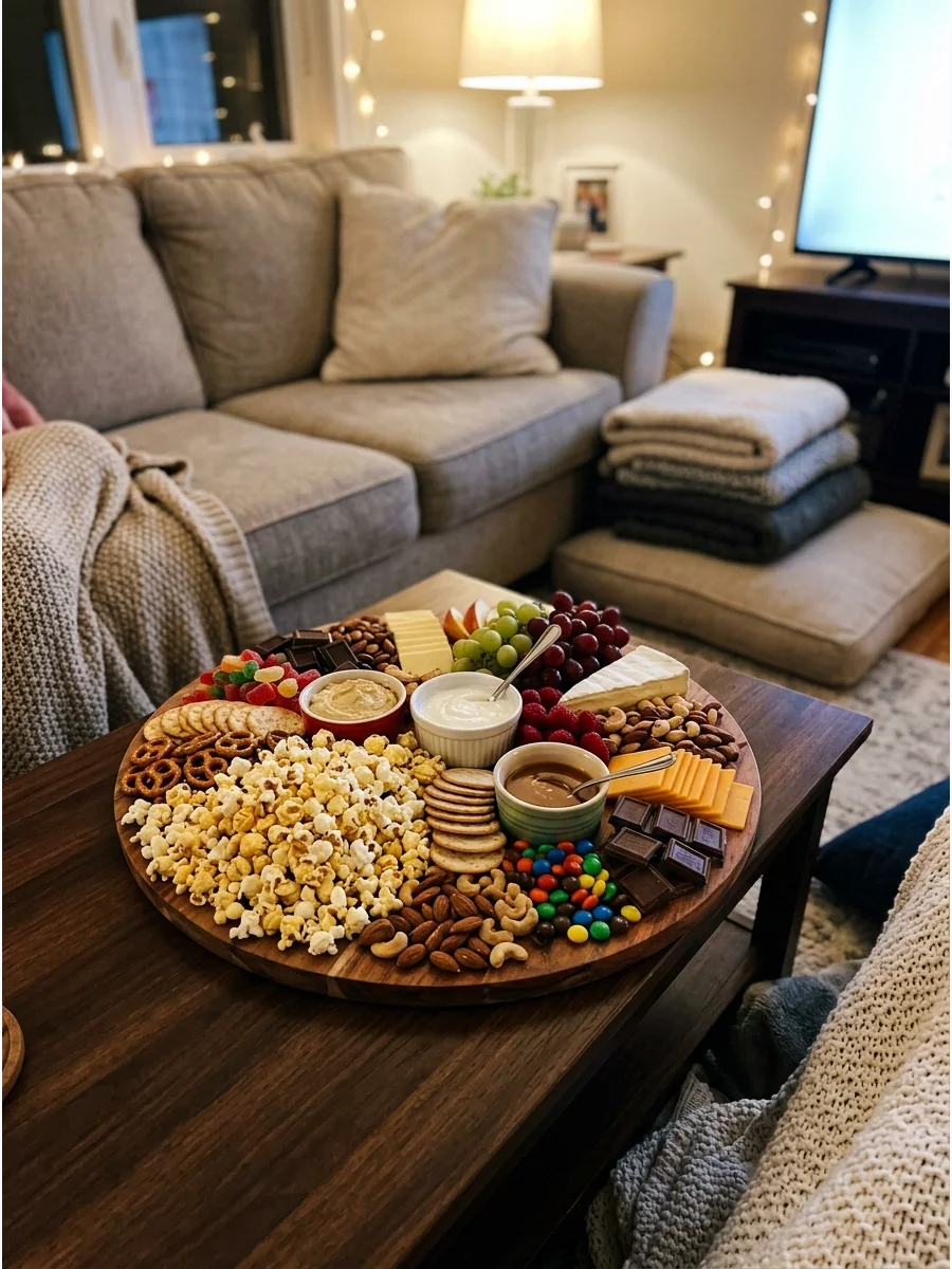 A movie-themed charcuterie board on a coffee table in a living room.