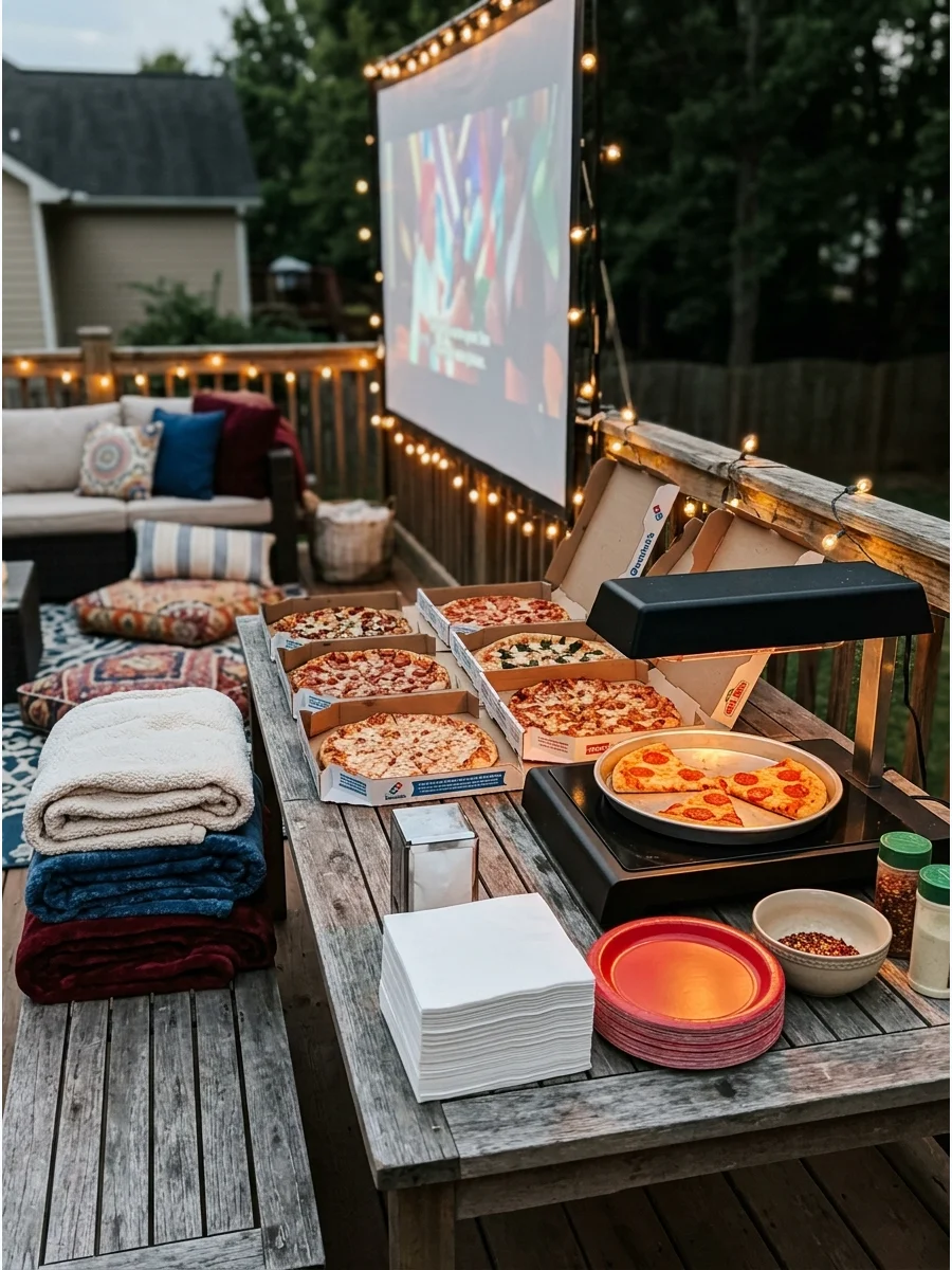 A pizza buffet on an outdoor patio table for a movie night.