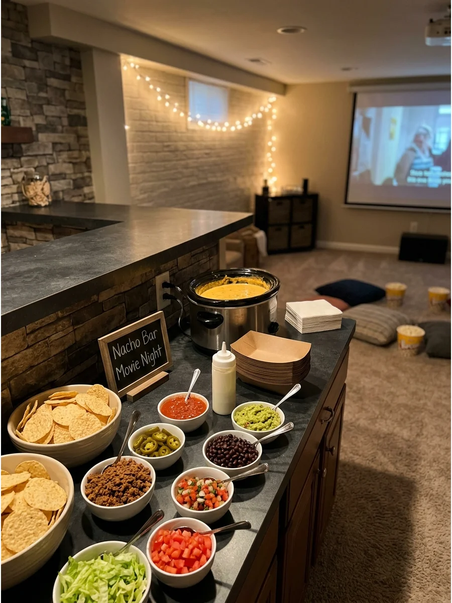 A nacho bar with a slow cooker and various toppings on a basement bar.